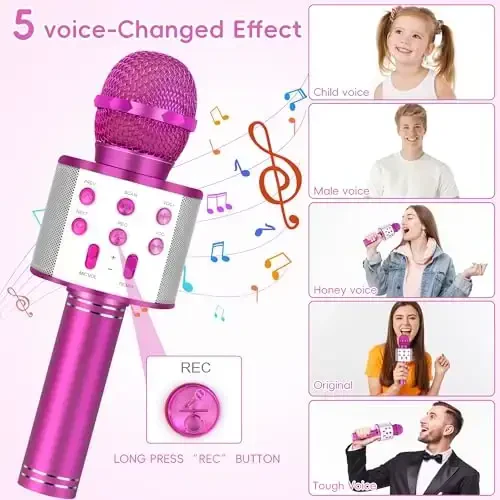KIDWILL Wireless Bluetooth Karaoke Microphone for Kids, 5-in-1 Portable Handheld Karaoke Mic Speaker Player Recorder with Adjustable Remix FM Radio for Kids Girls Boys Teens Birthday-Hot Pink - 5