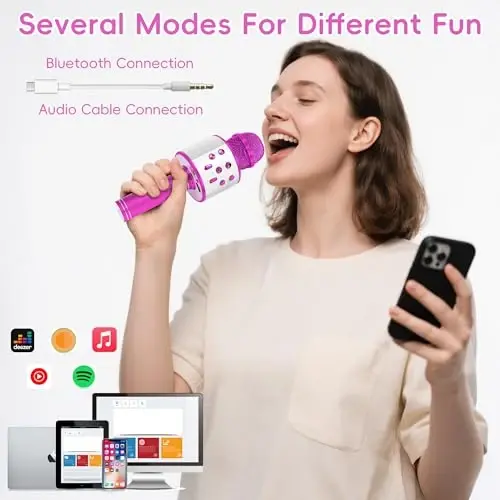KIDWILL Wireless Bluetooth Karaoke Microphone for Kids, 5-in-1 Portable Handheld Karaoke Mic Speaker Player Recorder with Adjustable Remix FM Radio for Kids Girls Boys Teens Birthday-Hot Pink - 4