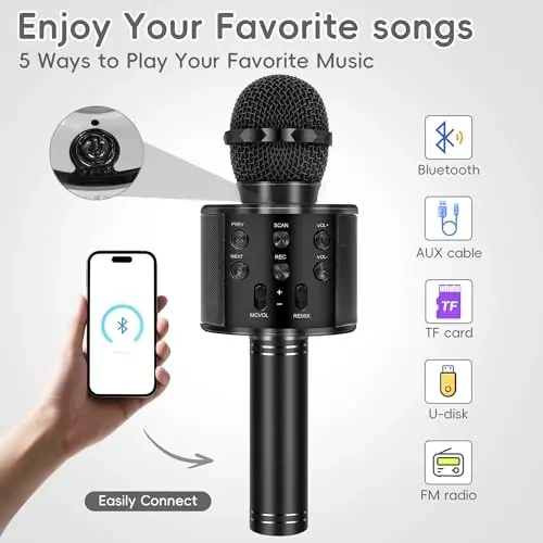 KIDWILL Wireless Bluetooth Karaoke Microphone for Kids and Adults, 5-in-1 Portable Handheld Karaoke Mic Speaker Player Recorder with Adjustable Remix FM Radio for Girls Boys Teens Adults - 3