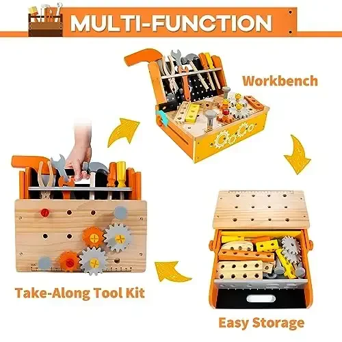 KIDWILL Wooden Tool Bench for Kids, 54-Piece Kids Tool Set with 2-in-1 Workbench & Take-Along Tool Kit, STEM Educational Toy Tools for Kids Ages 3 4 5 6 7 8 Years Old, Boy Toys - 2