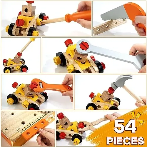 KIDWILL Wooden Tool Bench for Kids, 54-Piece Kids Tool Set with 2-in-1 Workbench & Take-Along Tool Kit, STEM Educational Toy Tools for Kids Ages 3 4 5 6 7 8 Years Old, Boy Toys - 3