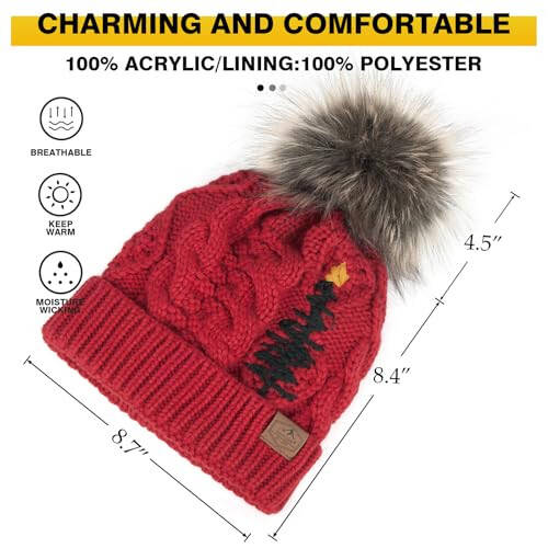 KIEPTOMIK ayollar uchun Qishki Rojdestvo Pom Pom Beanie Shlyapasi, Qarag'ay daraxti bilan tikilgan shlyapa, mo'yna bilan qoplangan iliq trikotaj Beanie Shlyapasi - 2