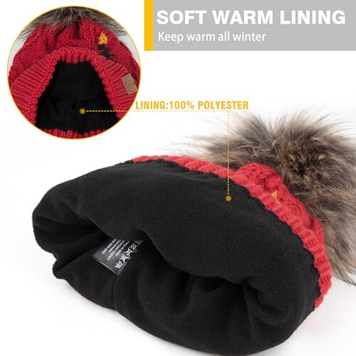 KIEPTOMIK Winter Christmas Pom Pom Beanie Hat for Women Pinetree Embroidered hat Warm Knit Beanie Hat with Fleece Lined - 3