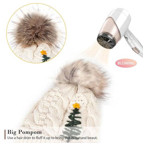 KIEPTOMIK Winter Christmas Pom Pom Beanie Hat for Women Pinetree Embroidered hat Warm Knit Beanie Hat with Fleece Lined - 4