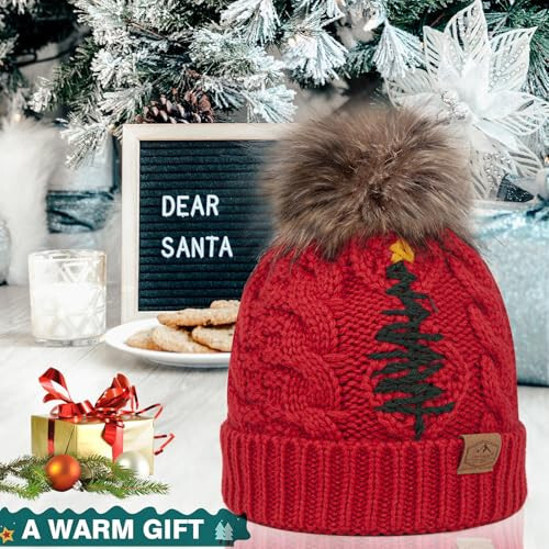 KIEPTOMIK Winter Christmas Pom Pom Beanie Hat for Women Pinetree Embroidered hat Warm Knit Beanie Hat with Fleece Lined - 6