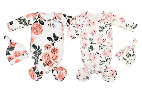 Giggle Angel Newborn Baby Sleeper Gown - Knotted Nightgown Coming Home Outfits for Baby Girl - 2-Piece Set With Hat 