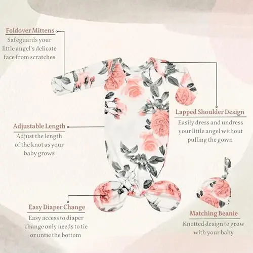 Giggle Angel Newborn Baby Sleeper Gown - Knotted Nightgown Coming Home Outfits for Baby Girl - 2-Piece Set With Hat - 2