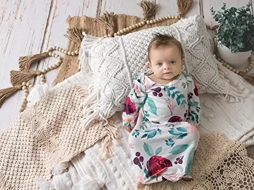 Giggle Angel Newborn Baby Sleeper Gown - Knotted Nightgown Coming Home Outfits for Baby Girl - 2-Piece Set With Hat - 7