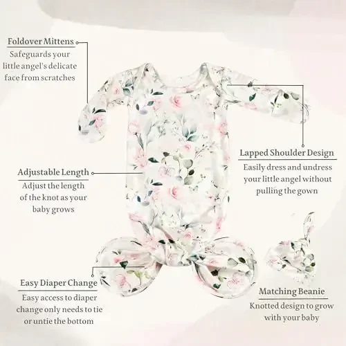 Giggle Angel Newborn Baby Sleeper Gown - Knotted Nightgown Coming Home Outfits for Baby Girl - 2-Piece Set With Hat - Modazone (1)