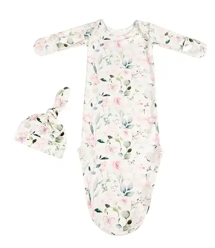 Giggle Angel Newborn Baby Sleeper Gown - Knotted Nightgown Coming Home Outfits for Baby Girl - 2-Piece Set With Hat - 7