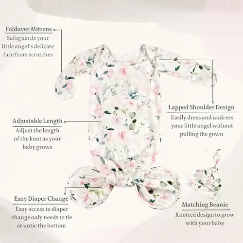 Giggle Angel Newborn Baby Sleeper Gown - Knotted Nightgown Coming Home Outfits for Baby Girl - 2-Piece Set With Hat - 2