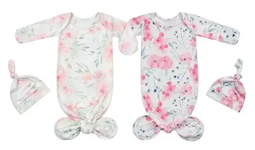 Giggle Angel Newborn Baby Sleeper Gown - Knotted Nightgown Coming Home Outfits for Baby Girl - 2-Piece Set With Hat - 7