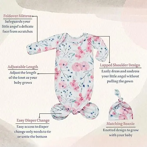Giggle Angel Newborn Baby Sleeper Gown - Knotted Nightgown Coming Home Outfits for Baby Girl - 2-Piece Set With Hat 