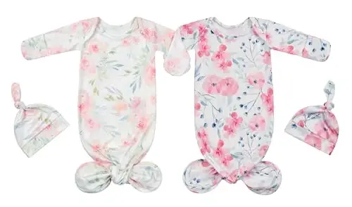 Giggle Angel Newborn Baby Sleeper Gown - Knotted Nightgown Coming Home Outfits for Baby Girl - 2-Piece Set With Hat - 7