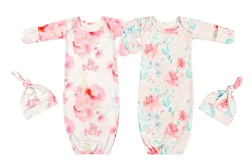 Giggle Angel Newborn Baby Sleeper Gown with Hat Knotted Gown Nightgown Coming Home Outfits for Baby Girl 2 Pieces Set - 1