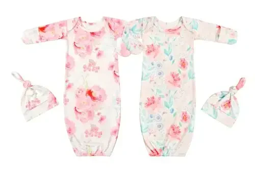 Giggle Angel Newborn Baby Sleeper Gown with Hat Knotted Gown Nightgown Coming Home Outfits for Baby Girl 2 Pieces Set - 1