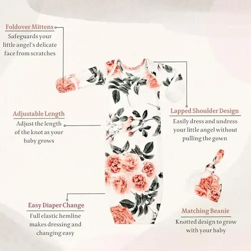 Giggle Angel Newborn Baby Sleeper Gown with Hat Knotted Gown Nightgown Coming Home Outfits for Baby Girl 2 Pieces Set - 2