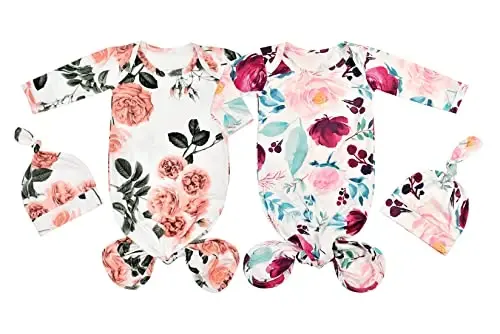 Giggle Angel Newborn Baby Sleeper Gown - Knotted Nightgown Coming Home Outfits for Baby Girl - 2-Piece Set With Hat - 1