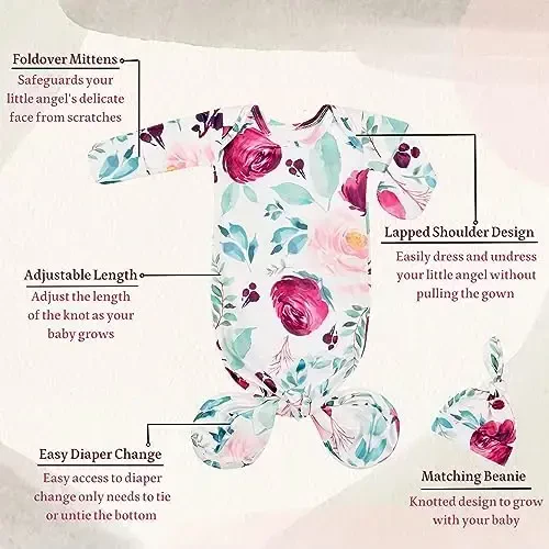 Giggle Angel Newborn Baby Sleeper Gown - Knotted Nightgown Coming Home Outfits for Baby Girl - 2-Piece Set With Hat - Modazone (1)