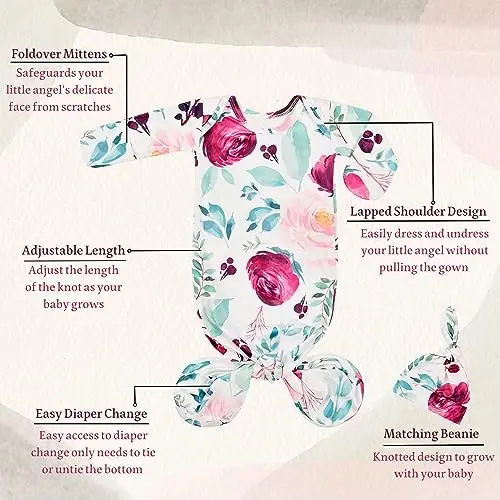 Giggle Angel Newborn Baby Sleeper Gown - Knotted Nightgown Coming Home Outfits for Baby Girl - 2-Piece Set With Hat - 2