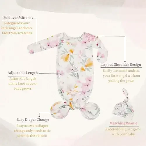 Giggle Angel Newborn Baby Sleeper Gown - Knotted Nightgown Coming Home Outfits for Baby Girl - 2-Piece Set With Hat - GIGGLE ANGEL (1)