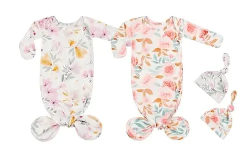 Giggle Angel Newborn Baby Sleeper Gown - Knotted Nightgown Coming Home Outfits for Baby Girl - 2-Piece Set With Hat - 1