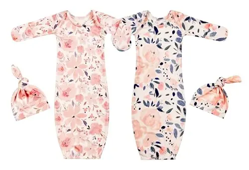 Giggle Angel Newborn Baby Sleeper Gown with Hat Knotted Gown Nightgown Coming Home Outfits for Baby Girl 2 Pieces Set - 1