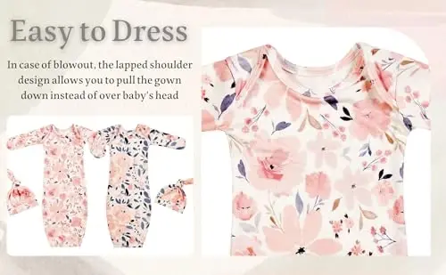 Giggle Angel Newborn Baby Sleeper Gown with Hat Knotted Gown Nightgown Coming Home Outfits for Baby Girl 2 Pieces Set - 4