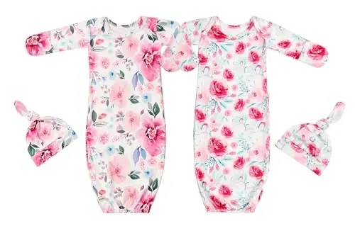 Giggle Angel Newborn Baby Sleeper Gown with Hat Knotted Gown Nightgown Coming Home Outfits for Baby Girl 2 Pieces Set 