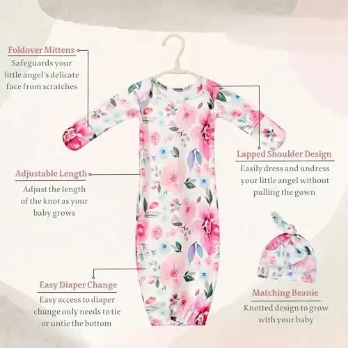 Giggle Angel Newborn Baby Sleeper Gown with Hat Knotted Gown Nightgown Coming Home Outfits for Baby Girl 2 Pieces Set - Modazone (1)