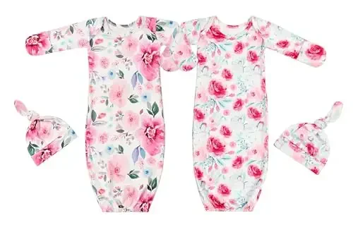 Giggle Angel Newborn Baby Sleeper Gown with Hat Knotted Gown Nightgown Coming Home Outfits for Baby Girl 2 Pieces Set - 1