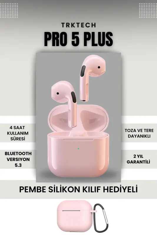 Kılıf Hediyeli Pembe Pro 5 Plus Premium A Kalite Bluetooth Sürüm 5.3 Bluetooth Kulaklık-Pembe - 1