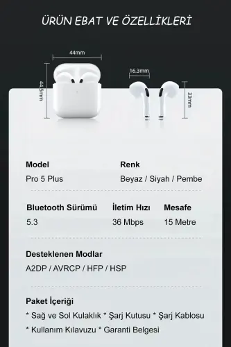 Kılıf Hediyeli Pembe Pro 5 Plus Premium A Kalite Bluetooth Sürüm 5.3 Bluetooth Kulaklık-Pembe - 4