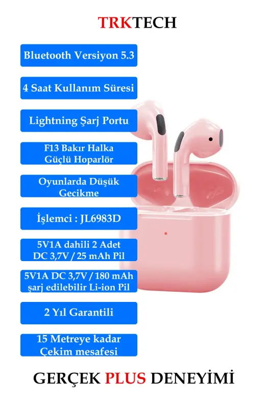 Kılıf Hediyeli Pembe Pro 5 Plus Premium A Kalite Bluetooth Sürüm 5.3 Bluetooth Kulaklık-Pembe - 5