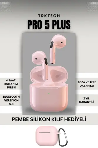 Kılıf Hediyeli Pembe Pro 5 Plus Premium A Kalite Bluetooth Sürüm 5.3 Bluetooth Kulaklık-Pembe 