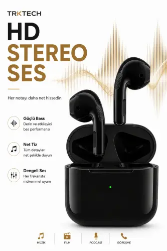 Pro 5 Plus Siyah Kablosuz Bluetooth Kulaklık Bluetooth 5.3 TWS iOS Android Uyumlu HD Stereo Ses Dokunmatik Kılıf Hediyeli Şarj Kutulu - Siyah - TRKTECH (1)