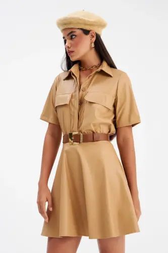 Kiloş Mini Teri Yubka - Bej - SATEEN (1)