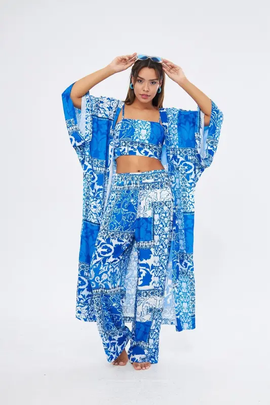 Kimono 3 Parça Büstiyerli Mavi Desenli Alt-üst Takım (MEDİNE IPEĞİ)-MAVİ DESENLİ - 2