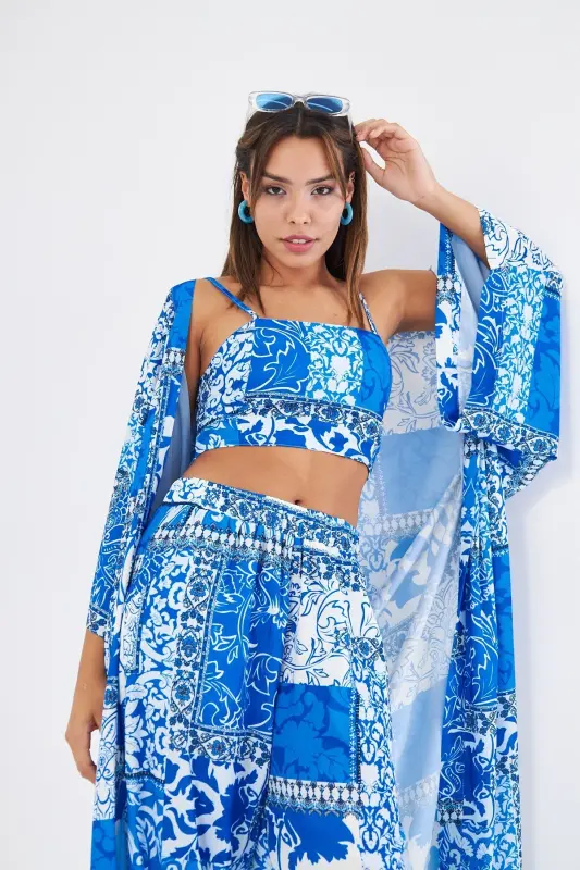 Kimono 3 Parça Büstiyerli Mavi Desenli Alt-üst Takım (MEDİNE IPEĞİ)-MAVİ DESENLİ - 4