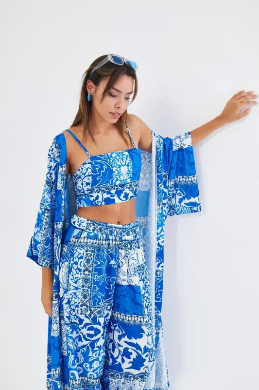 Kimono 3 Parça Büstiyerli Mavi Desenli Alt-üst Takım (MEDİNE IPEĞİ)-MAVİ DESENLİ - 6