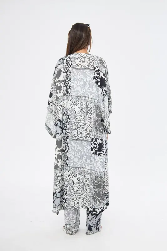 Kimono 3 Parça Büstiyerli Siyah Desenli Renk Alt-üst Takım (MEDİNE IPEĞİ)-SİYAH DESENLİ - 2