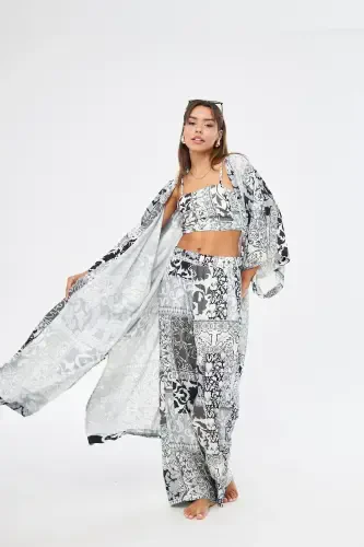 Kimono 3 Parça Büstiyerli Siyah Desenli Renk Alt-üst Takım (MEDİNE IPEĞİ)-SİYAH DESENLİ - 3
