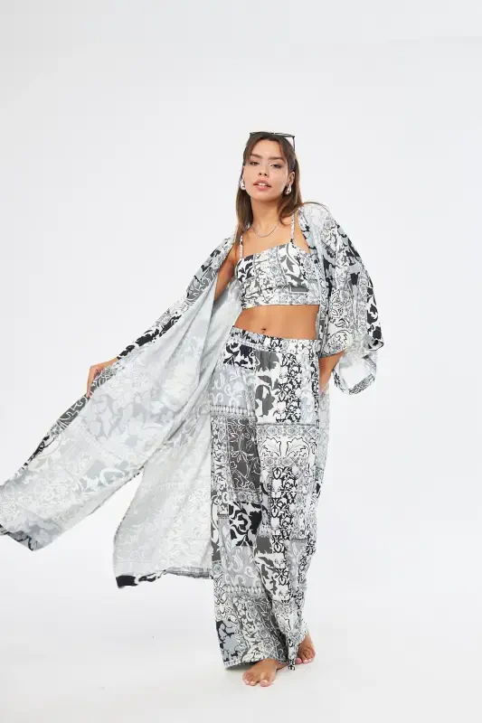 Kimono 3 Parça Büstiyerli Siyah Desenli Renk Alt-üst Takım (MEDİNE IPEĞİ)-SİYAH DESENLİ - 3