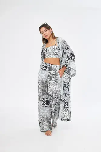 Kimono 3 Piece Bustier Black Patterned Color Bottom-Top Set (MEDINA SILK)-BLACK PATTERNED - 7