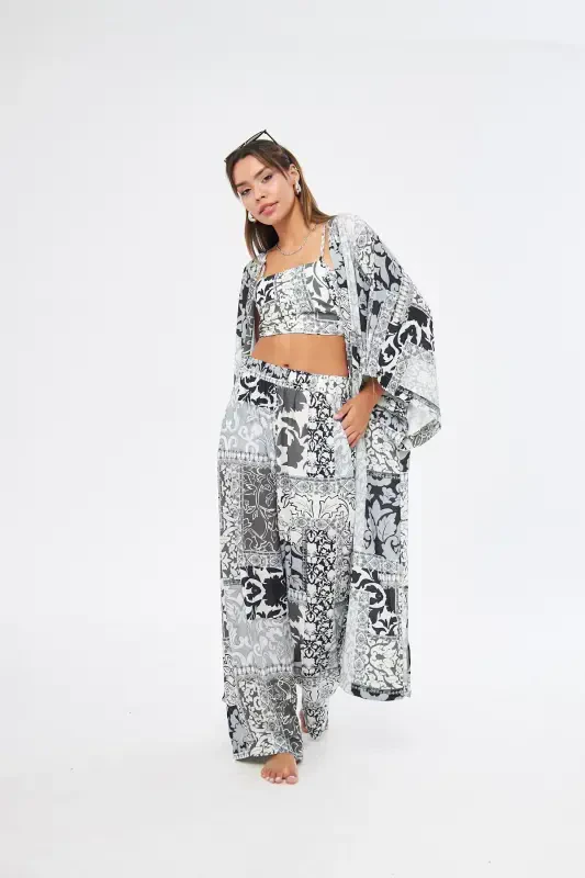 Kimono 3 Piece Bustier Black Patterned Color Bottom-Top Set (MEDINA SILK)-BLACK PATTERNED - 7