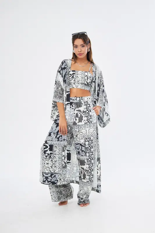 Kimono 3 Piece Bustier Black Patterned Color Bottom-Top Set (MEDINA SILK)-BLACK PATTERNED - THE CHAMP CLOTHING