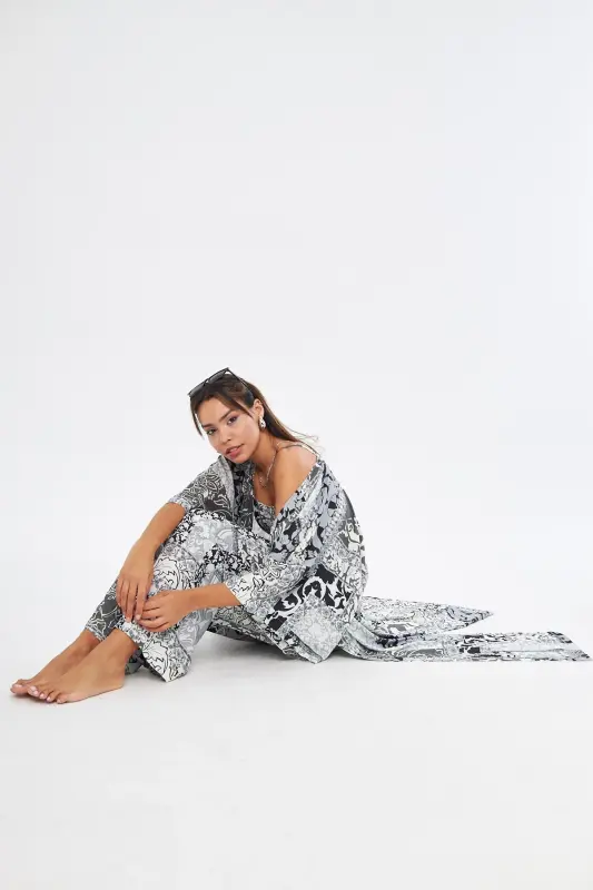 Kimono 3 Piece Bustier Black Patterned Color Bottom-Top Set (MEDINA SILK)-BLACK PATTERNED - 4
