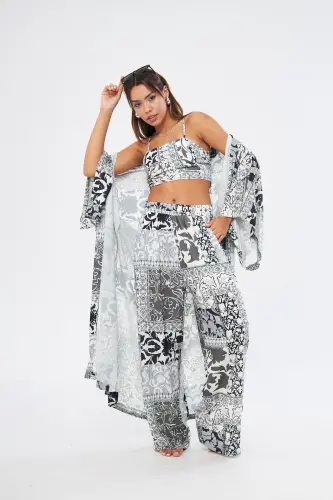 Kimono 3 Piece Bustier Black Patterned Color Bottom-Top Set (MEDINA SILK)-BLACK PATTERNED - 5