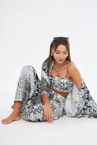 Kimono 3 Piece Bustier Black Patterned Color Bottom-Top Set (MEDINA SILK)-BLACK PATTERNED - 6