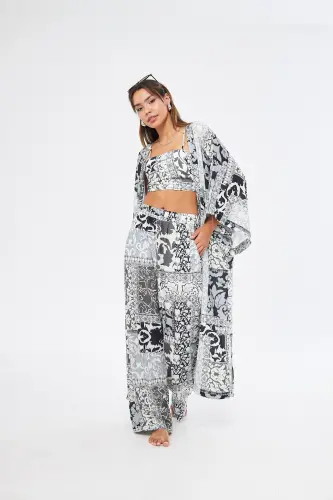 Kimono 3 Piece Bustier Black Patterned Color Bottom-Top Set (MEDINA SILK)-BLACK PATTERNED - 7